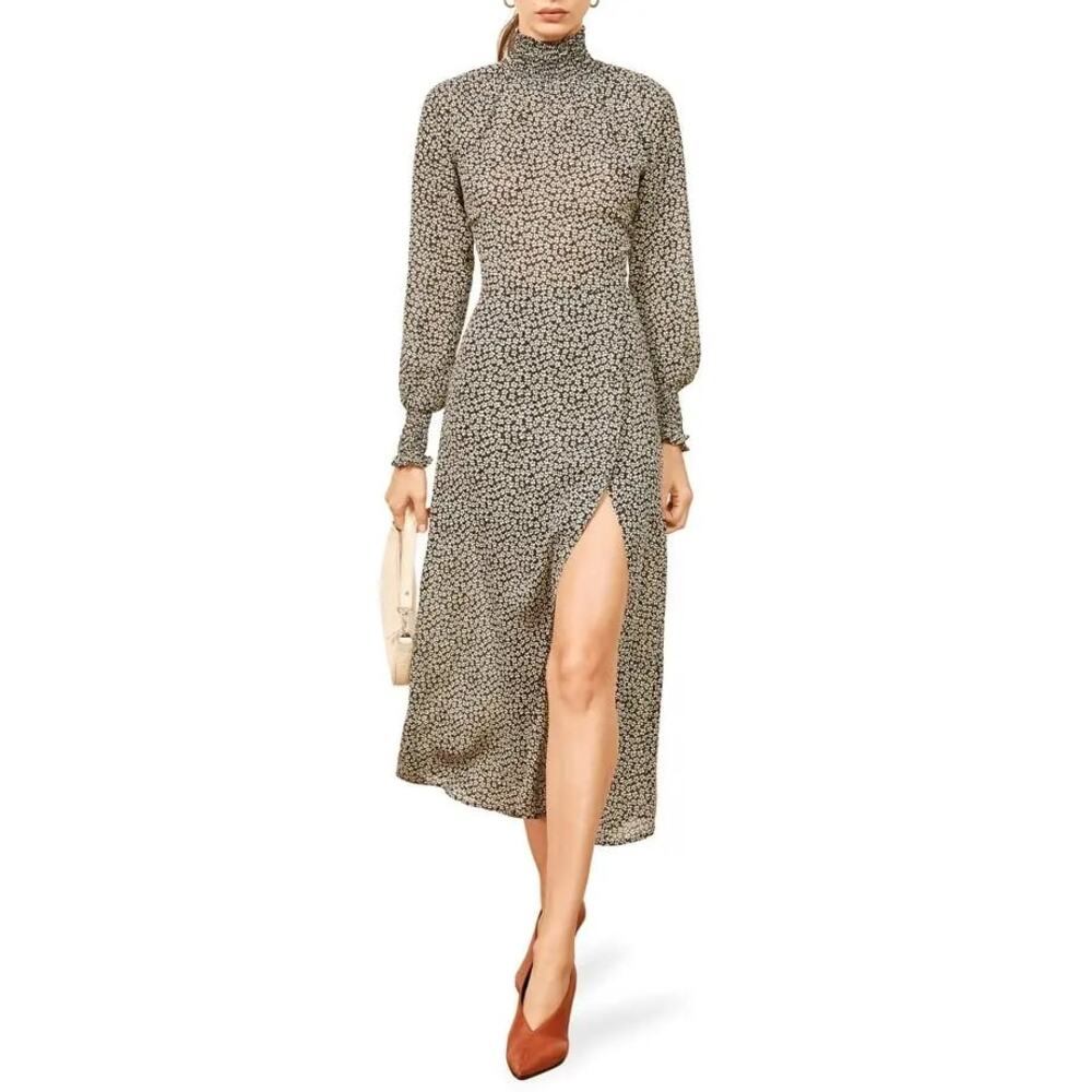 Reformation Black and Cream Printed Midi Dress with High Neck
